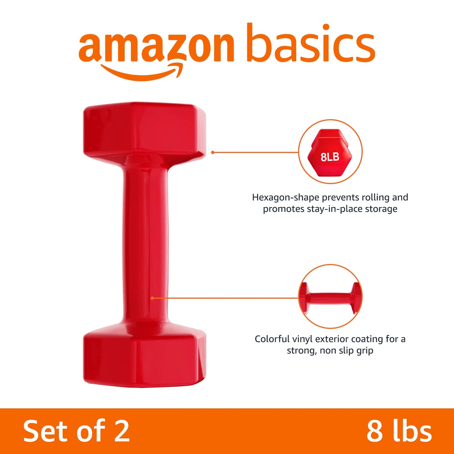 Basics Vinyl Coated Dumbbell Hand Weights, 8 Pounds, Pair, Red