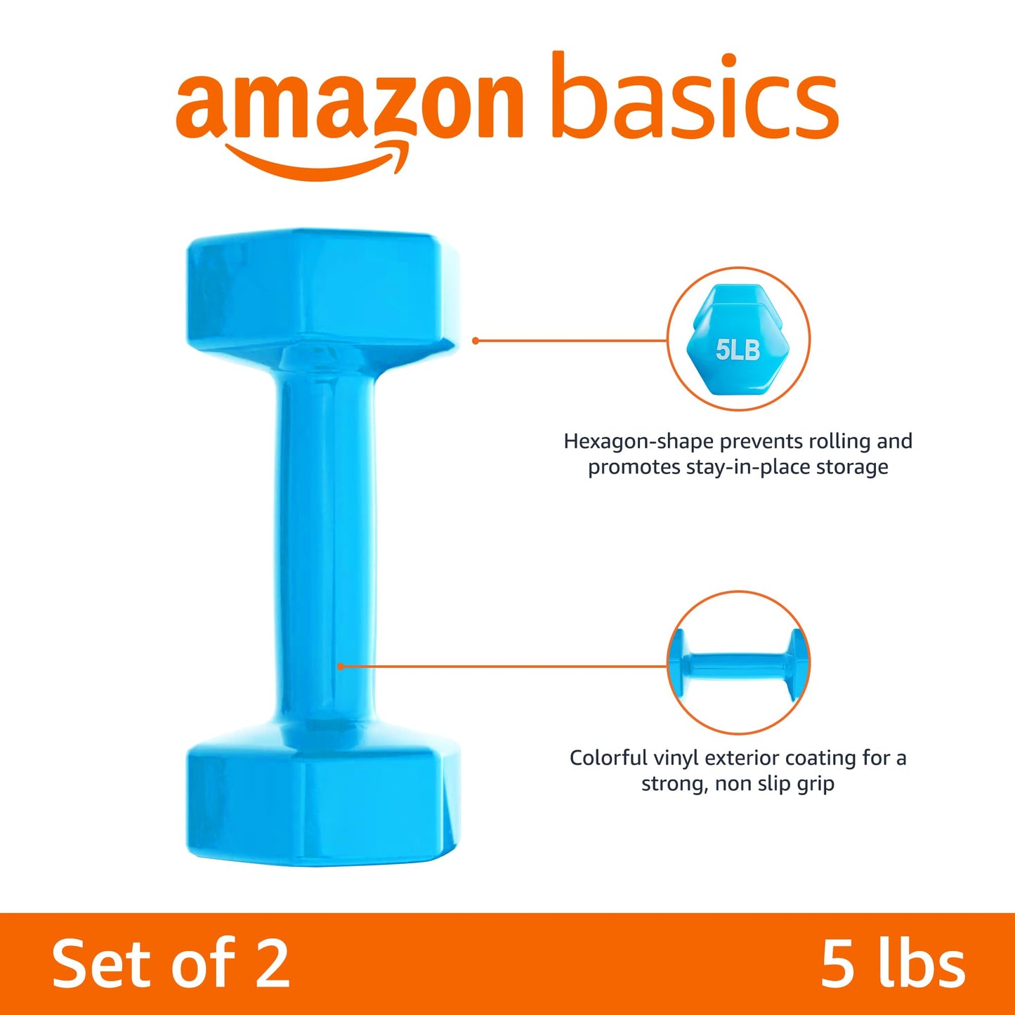 Basics Vinyl Coated Dumbbell Hand Weights, 5 Pounds, Pair, Light Blue