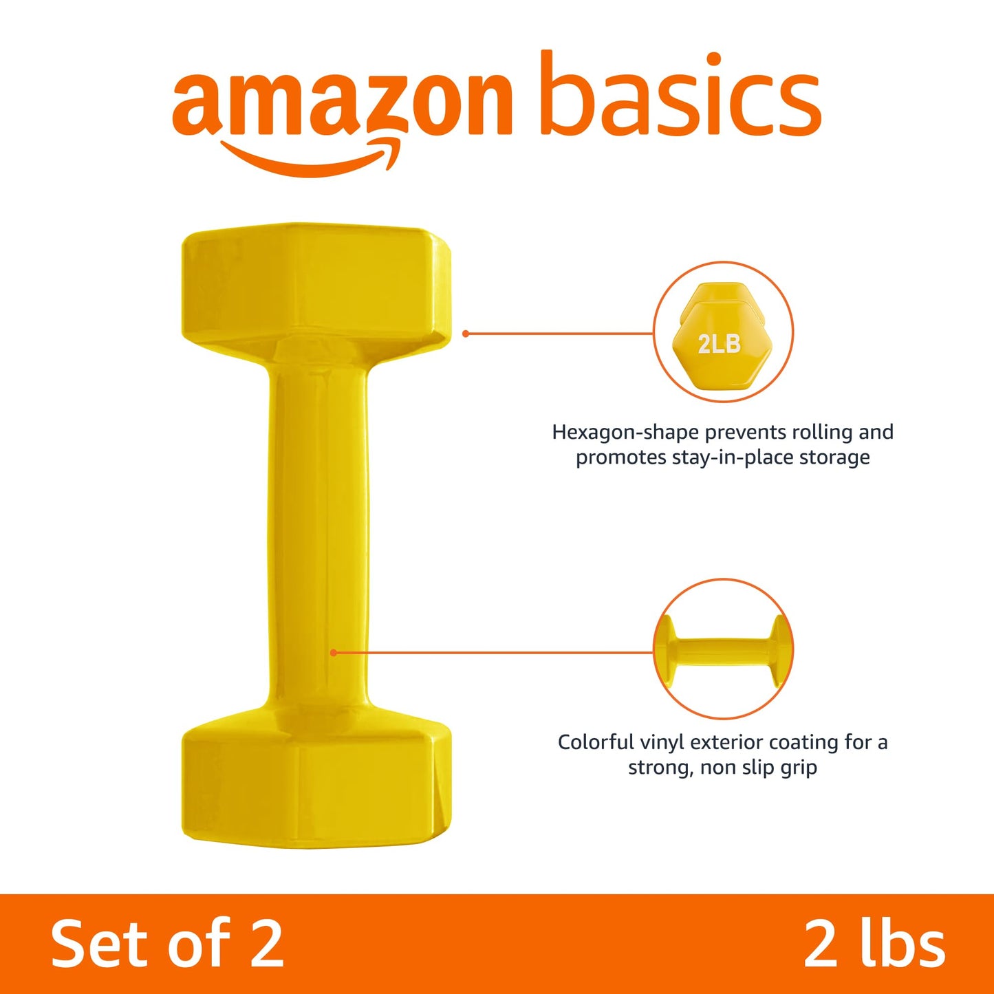 Basics Vinyl Coated Dumbbell Hand Weights, 2 Pounds, Pair, Yellow