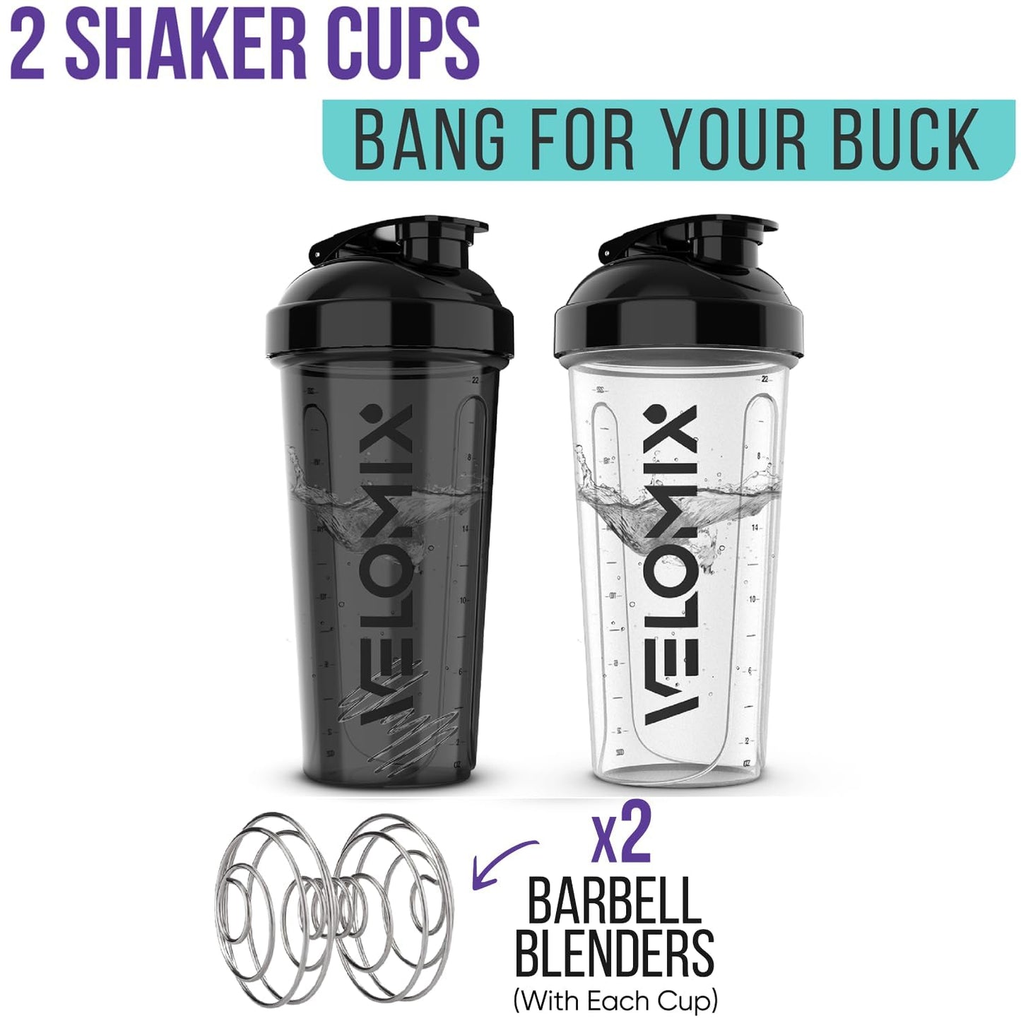 VELOMIX -2 Pack- 28 oz Protein Shaker Bottles for Protein Mixes - 2x Wire Whisk | Leak Proof Shaker Cups for Protein Shakes