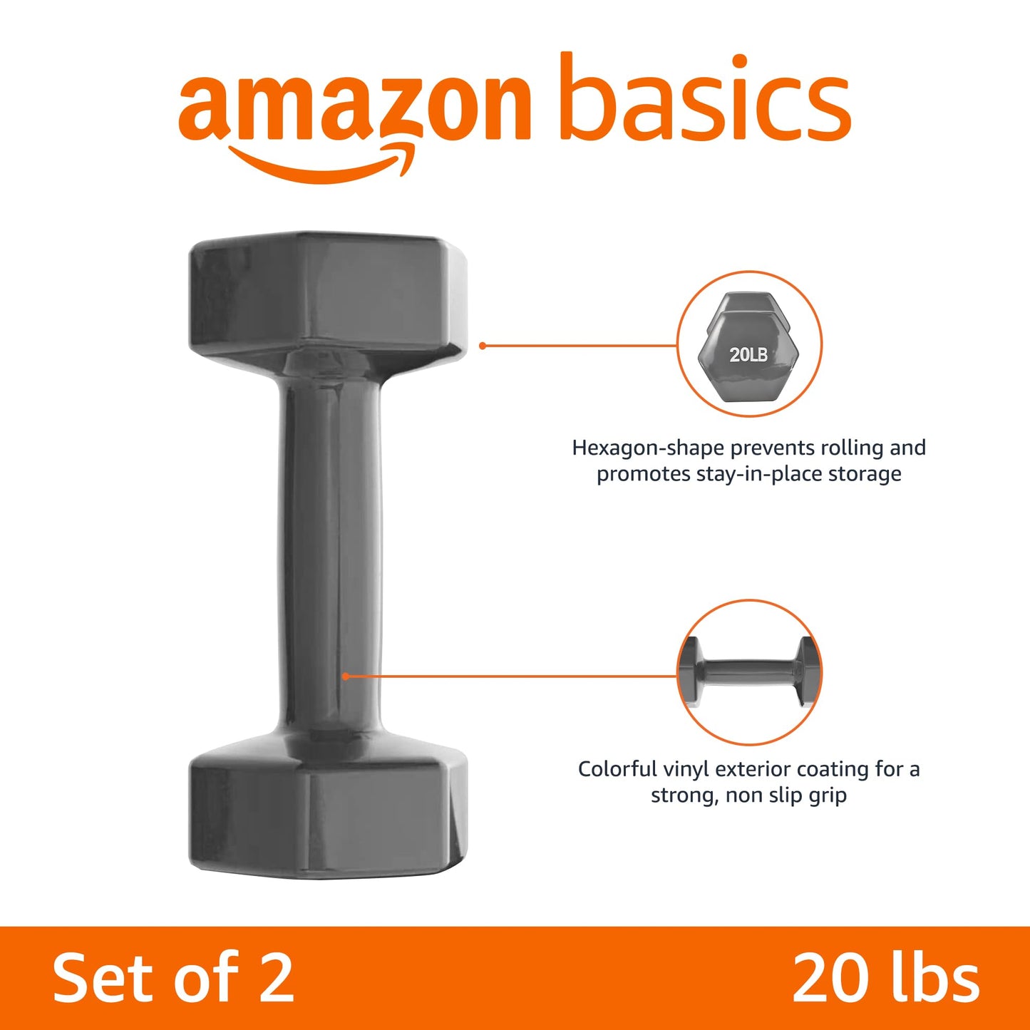 Basics Vinyl Coated Dumbbell Hand Weights, 20 Pounds, Pair, Grey