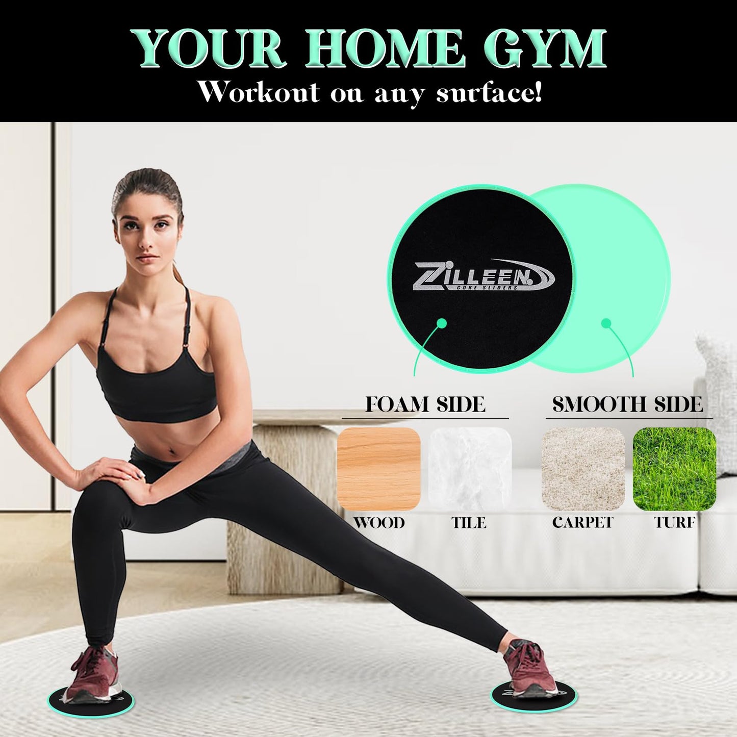 ZILLEEN Exercise Sliders for Working Out Green Fitness Discs for Pilates Women Men, 2 Pack