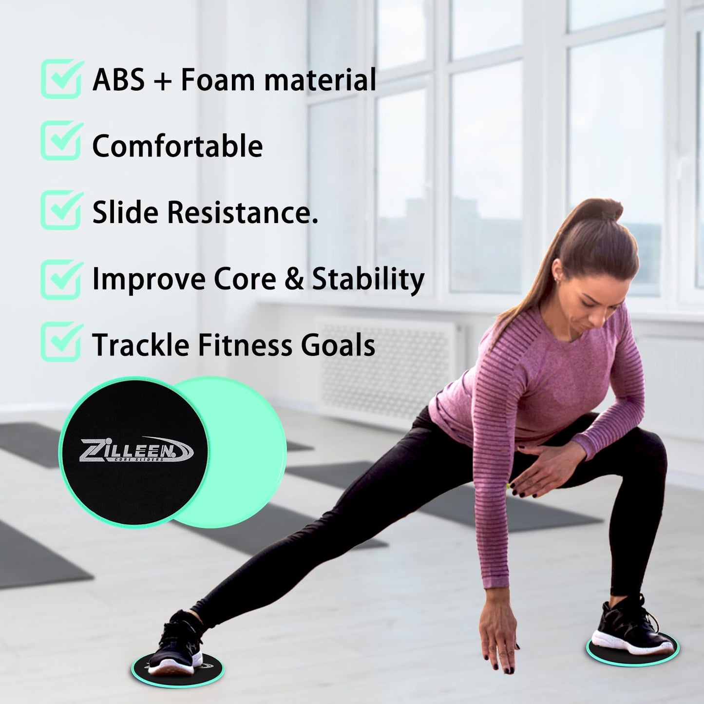 ZILLEEN Exercise Sliders for Working Out Green Fitness Discs for Pilates Women Men, 2 Pack