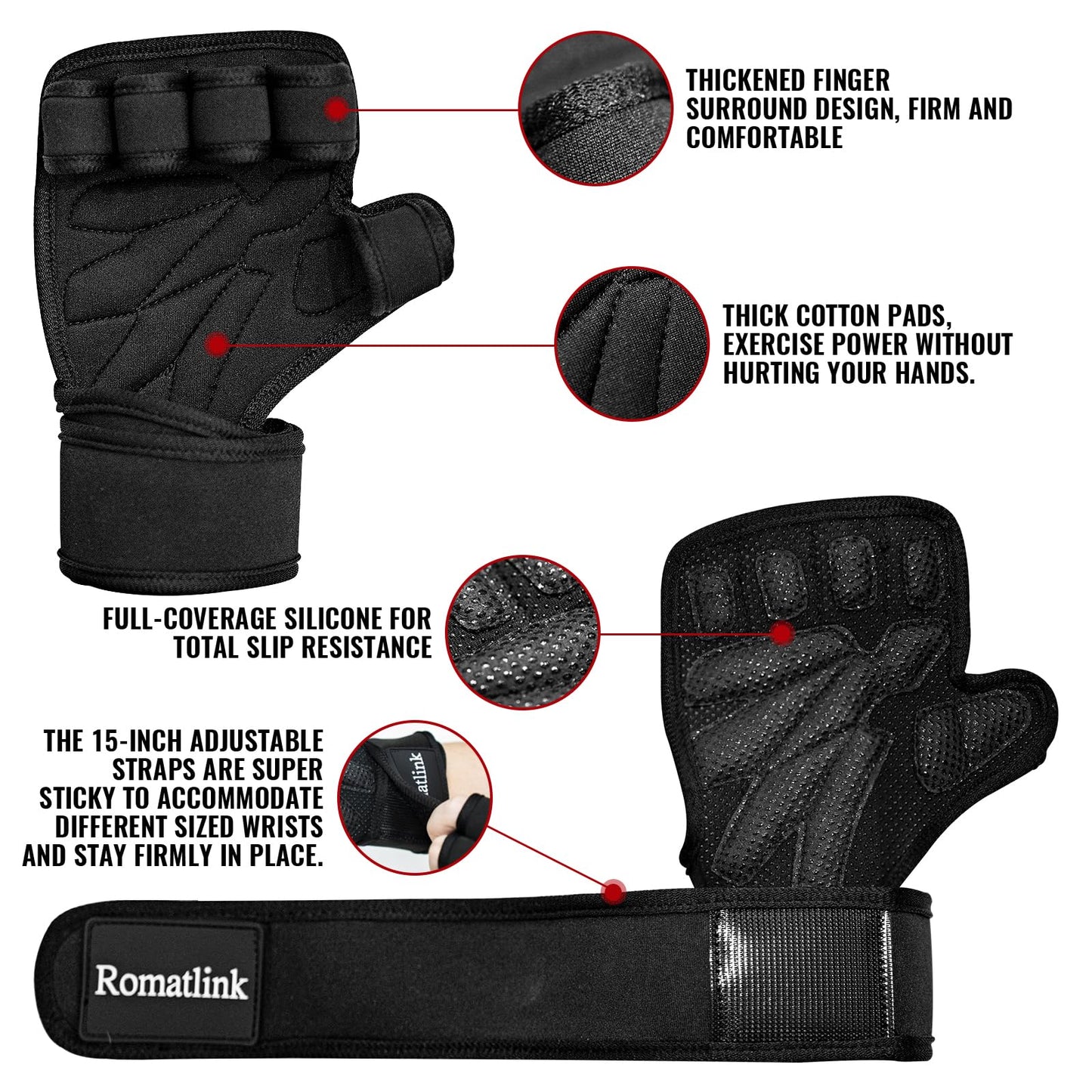 Romatlink Workout Gloves for Men and Women, Sport Gloves with Adjustable Wrist Wraps