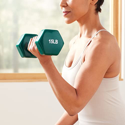 Basics Vinyl Coated Dumbbell Hand Weights, 15 Pounds, Pair, Teal