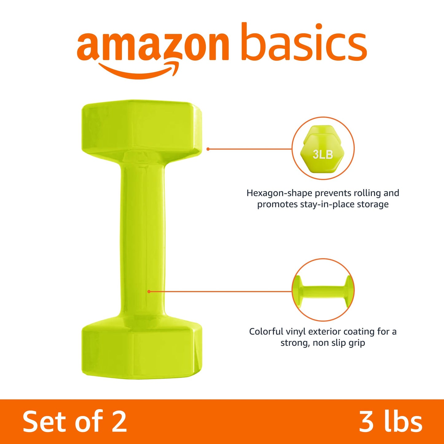 Basics Vinyl Coated Dumbbell Hand Weights, 3 Pounds, Pair, Citron