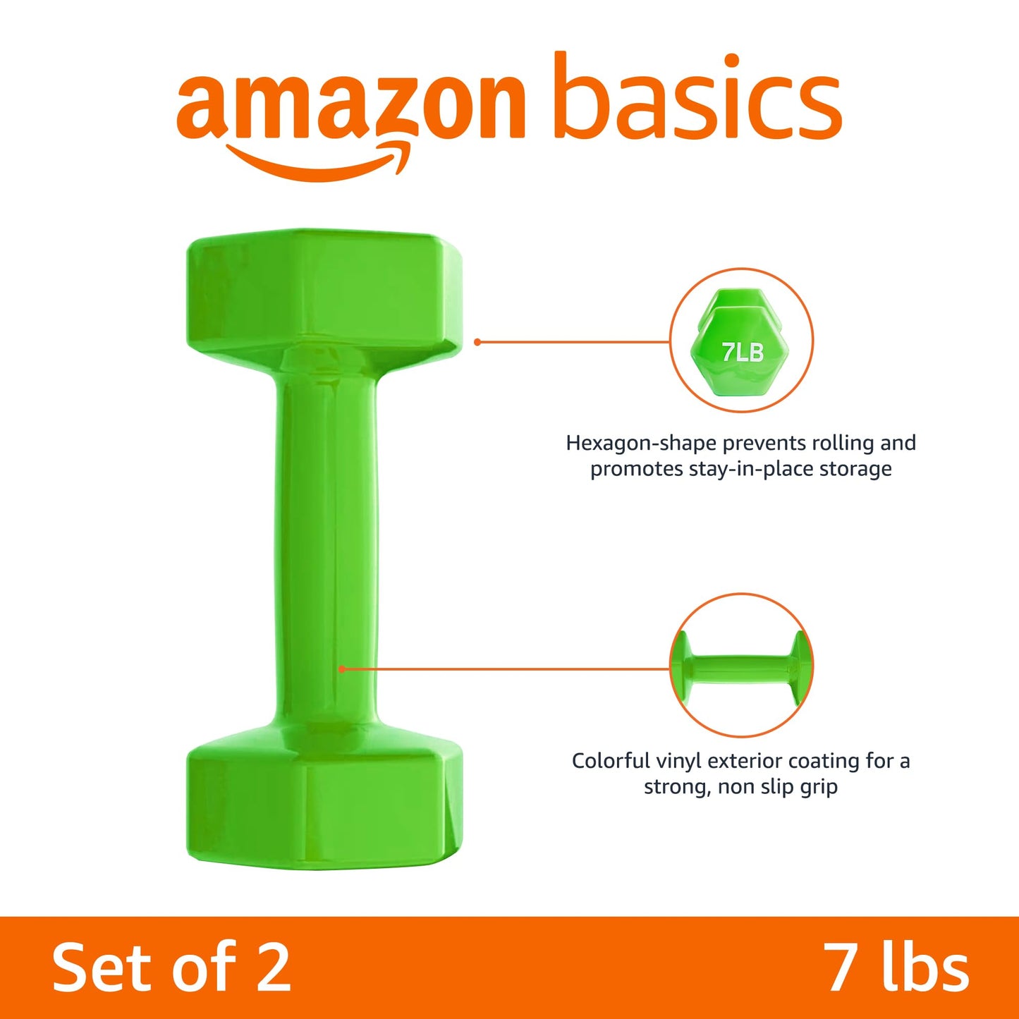 Basics Vinyl Coated Dumbbell Hand Weights, 7 Pounds, Pair, Light Green