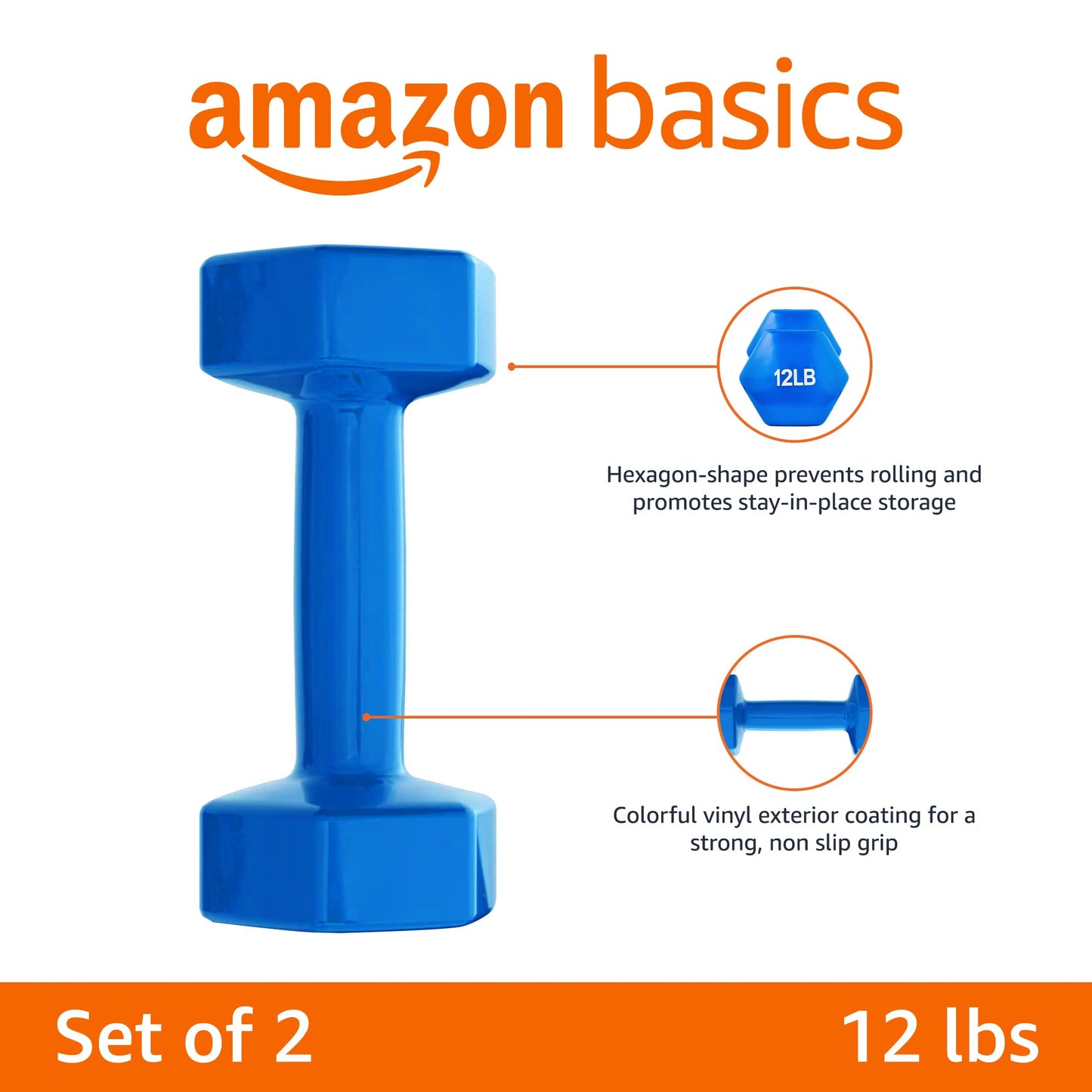 Basics Vinyl Coated Dumbbell Hand Weights, 12 pound, Pair, Blue