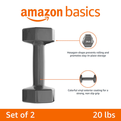 Basics Vinyl Coated Dumbbell Hand Weights, 20 Pounds, Pair, Grey
