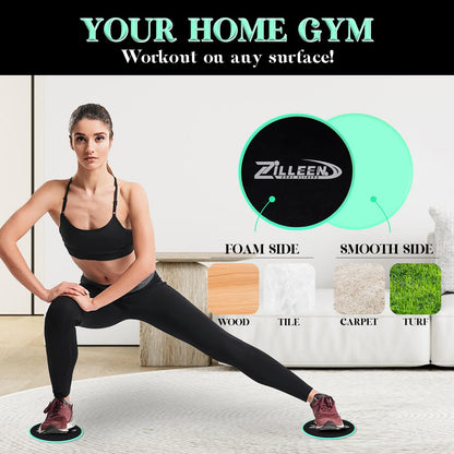 ZILLEEN Exercise Sliders for Working Out Green Fitness Discs for Pilates Women Men, 2 Pack