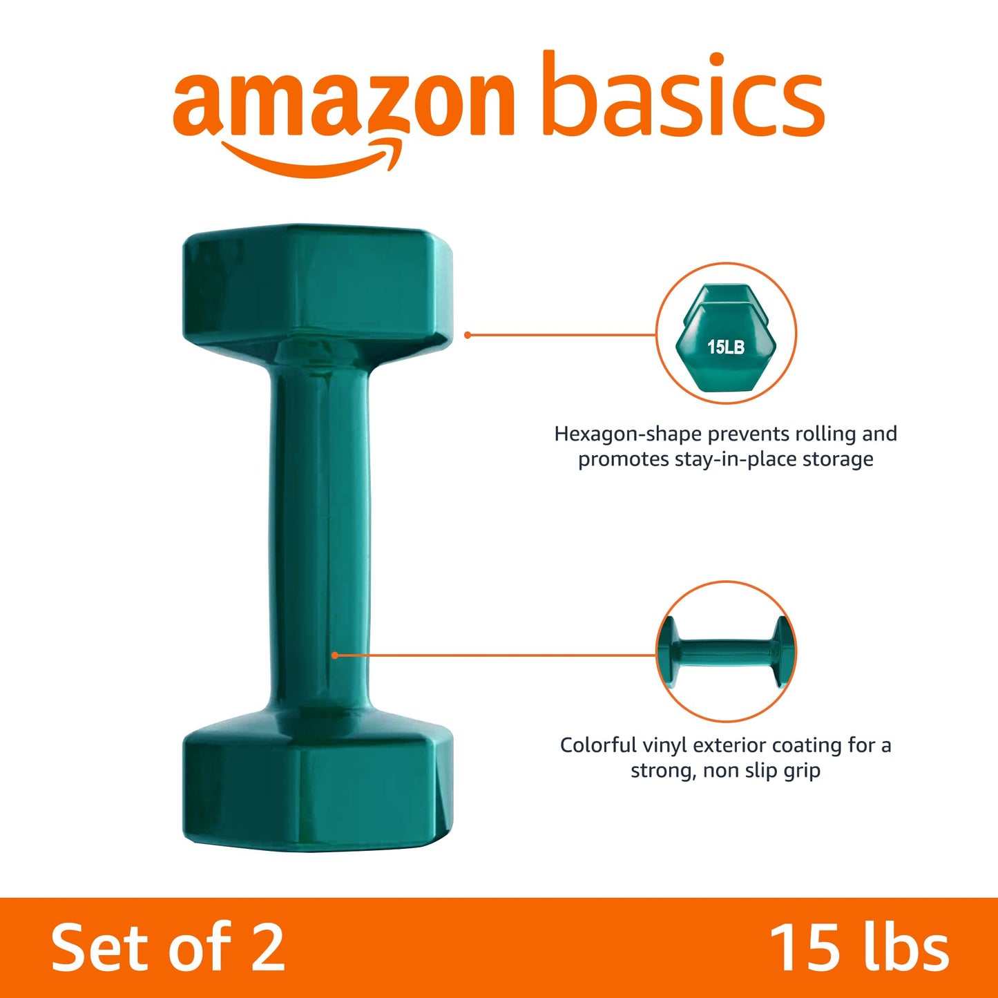 Basics Vinyl Coated Dumbbell Hand Weights, 15 Pounds, Pair, Teal