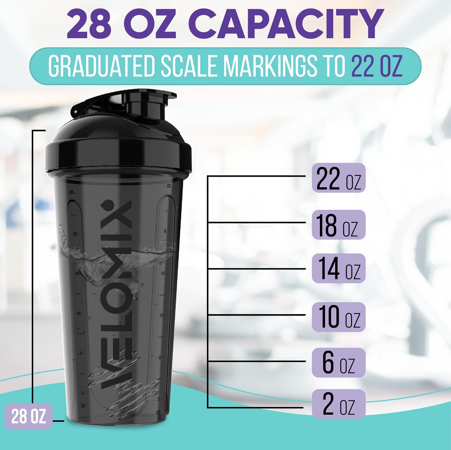 VELOMIX -2 Pack- 28 oz Protein Shaker Bottles for Protein Mixes - 2x Wire Whisk | Leak Proof Shaker Cups for Protein Shakes