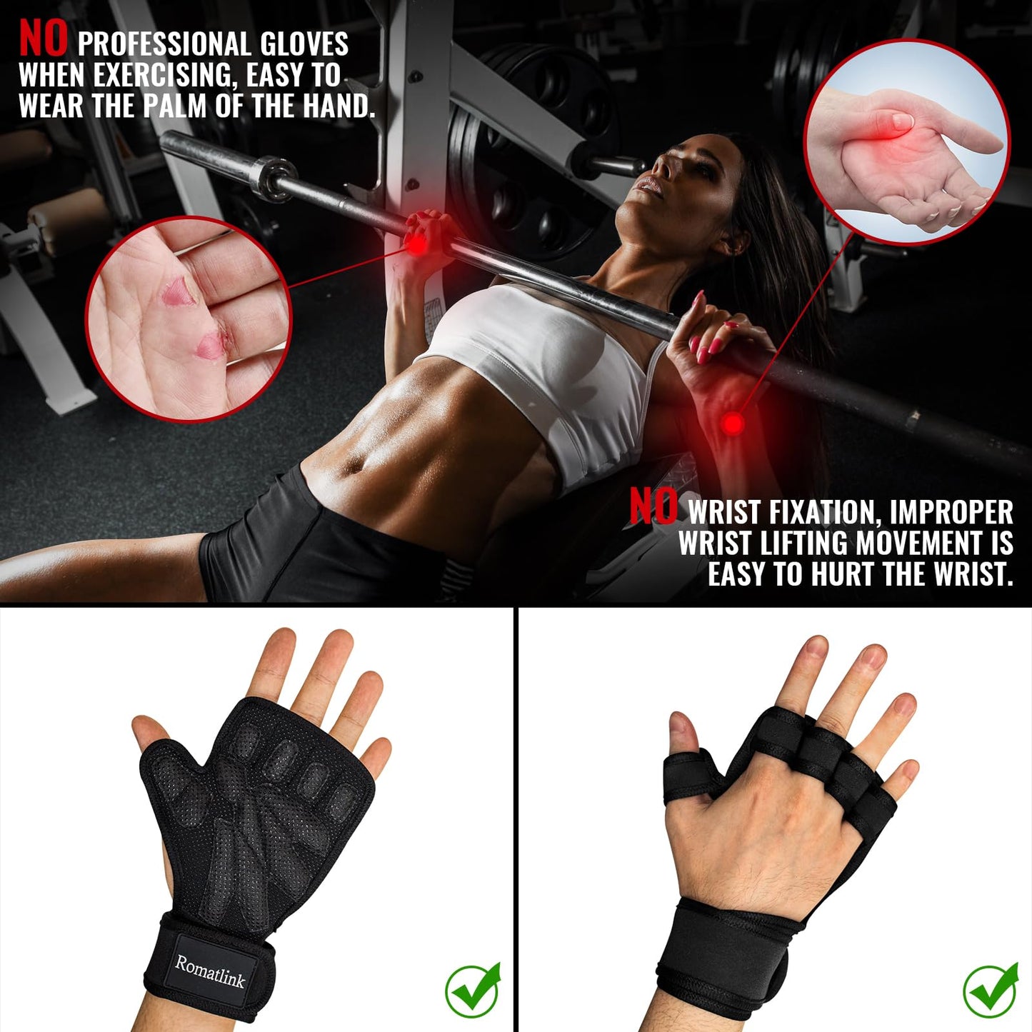 Romatlink Workout Gloves for Men and Women, Sport Gloves with Adjustable Wrist Wraps