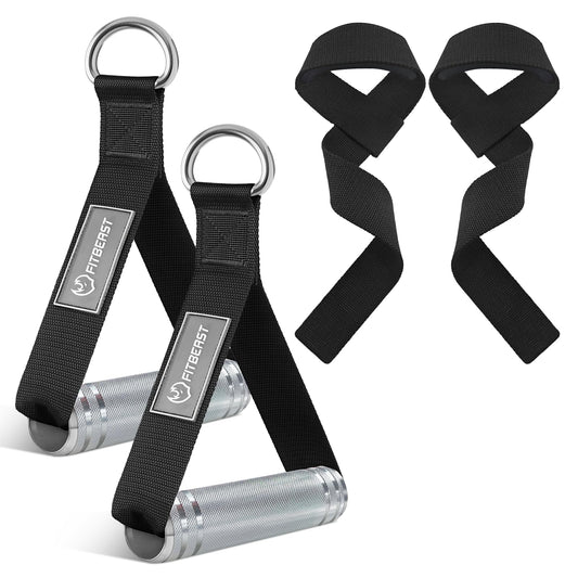 FitBeast Aluminum Alloy Exercise Handles & Lifting Straps Set - Gym Handles for Cables Machine with Thick D Buckle, Stable Grip, Ideal for Home Gyms