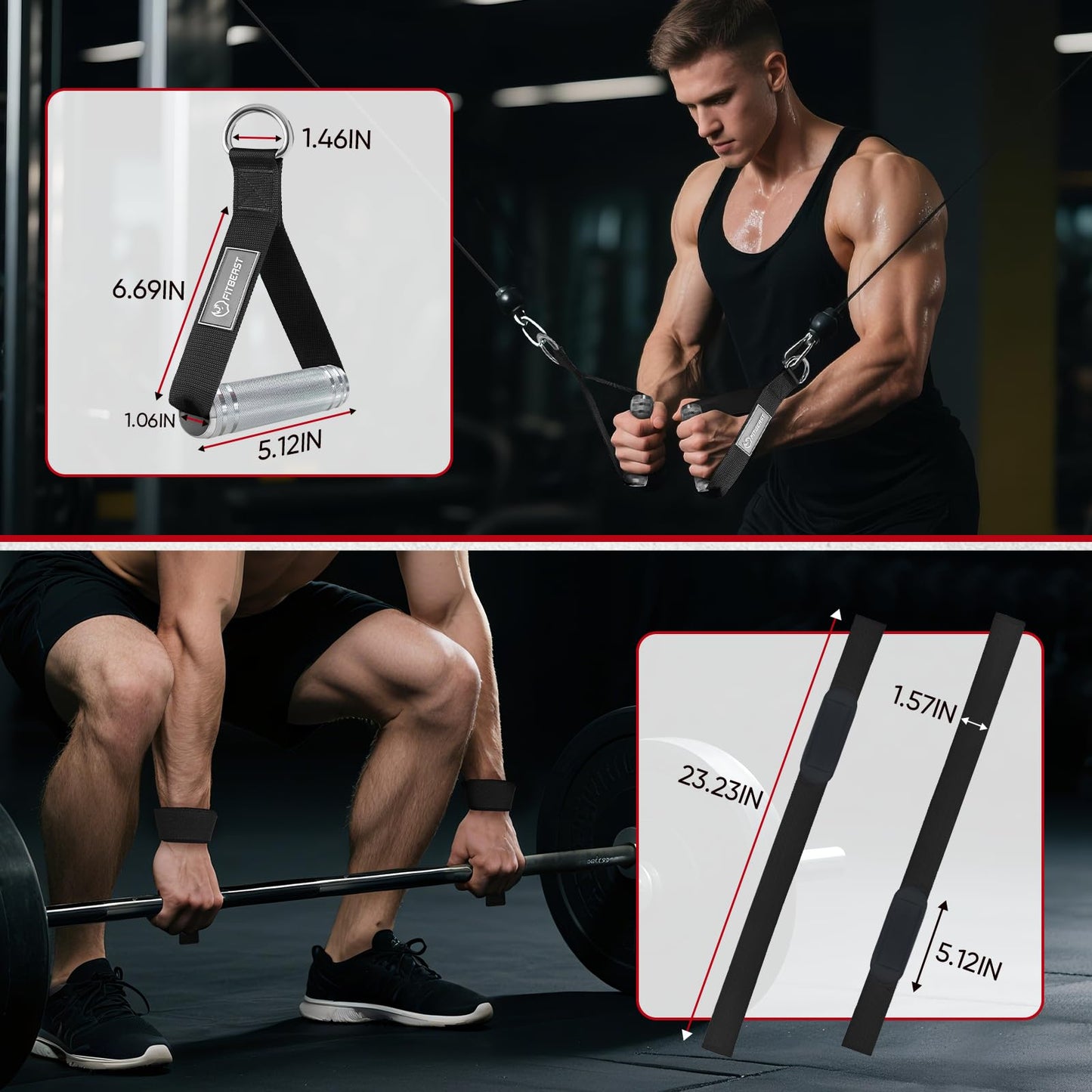 FitBeast Aluminum Alloy Exercise Handles & Lifting Straps Set - Gym Handles for Cables Machine with Thick D Buckle, Stable Grip, Ideal for Home Gyms