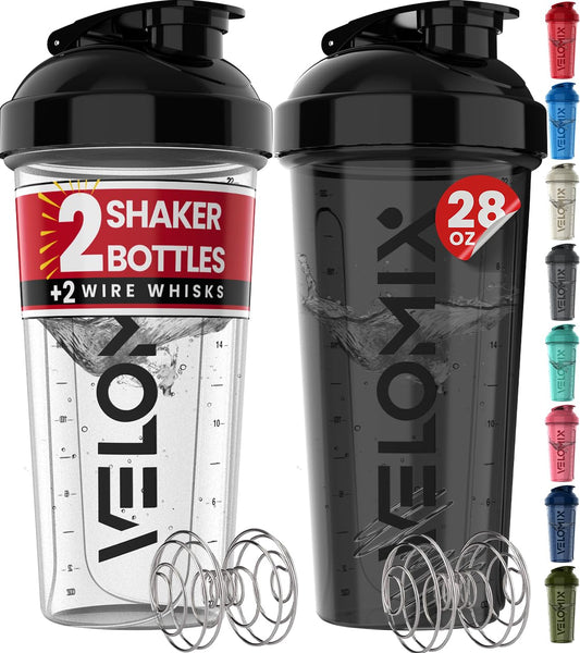 VELOMIX -2 Pack- 28 oz Protein Shaker Bottles for Protein Mixes - 2x Wire Whisk | Leak Proof Shaker Cups for Protein Shakes
