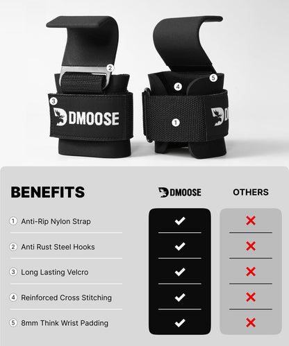 DMoose Fitness Weight Lifting Hooks (Pair) for Deadlifts, Pull Ups, Rows & Shrugs - Anti-Rip Nylon Strap Hand Grips with Thick Wrist Padding