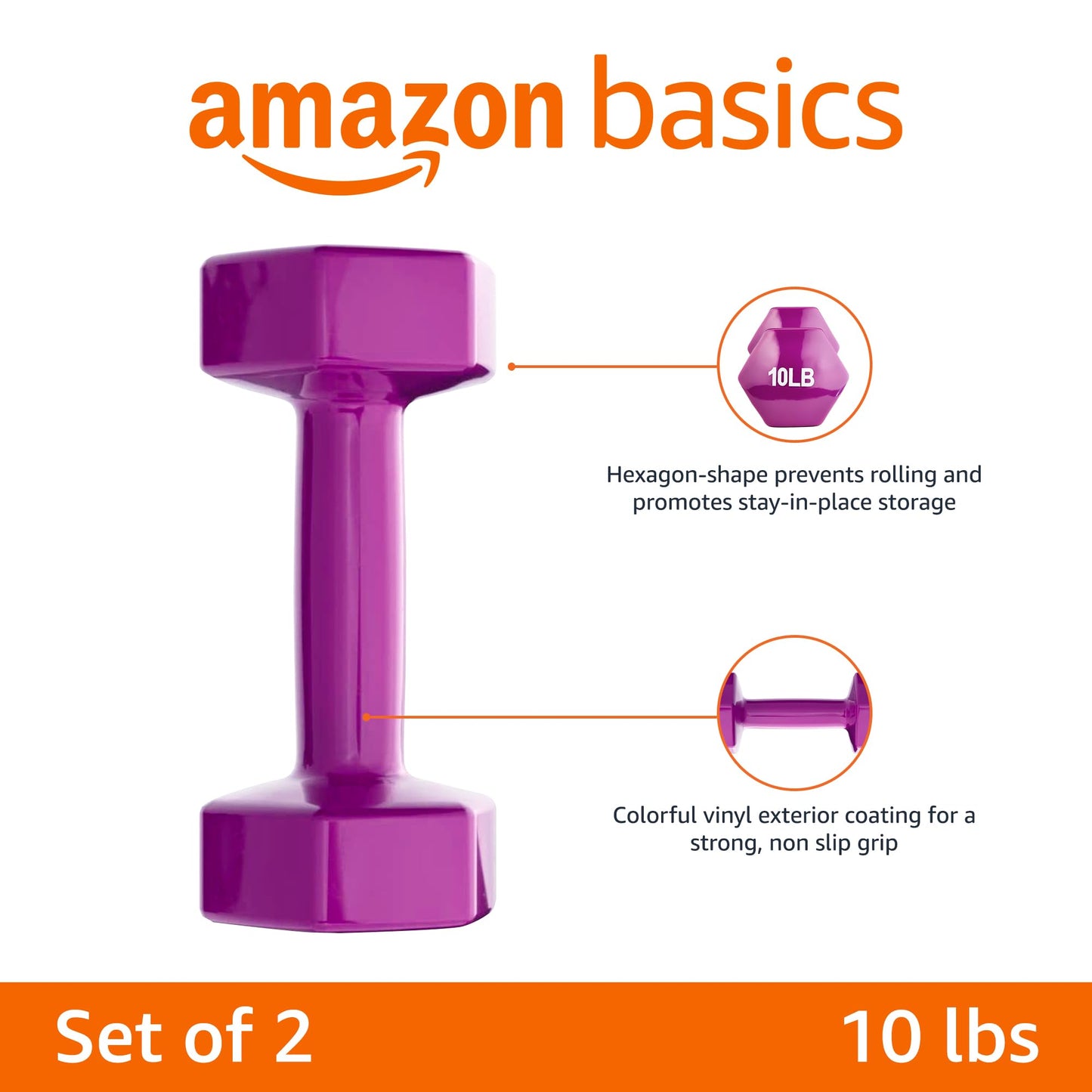 Basics Vinyl Coated Dumbbell Hand Weights, 10 Pounds, Pair, Purple