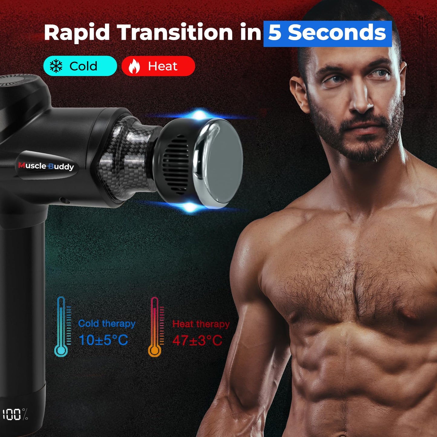 MuscleBuddy Massage Gun Deep Tissue with Heat and Cold Head, 6 Temperatures, 20 Levels & 10 Heads