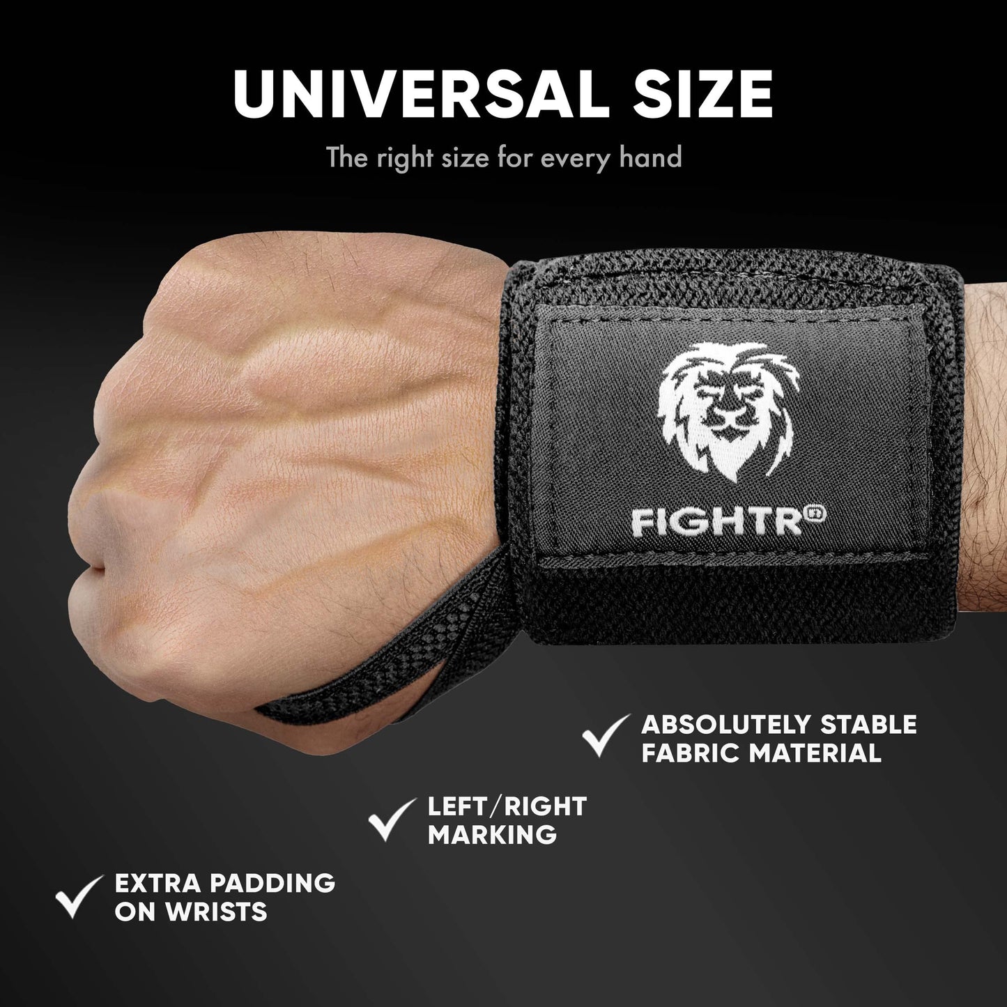 FIGHTR® Wrist Wraps 45cm Wrist Wraps for Fitness, Powerlifting, Bodybuilding, Weightlifting & Crossfit (Black)