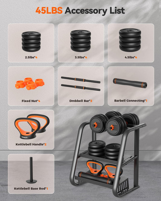 FEIERDUN Adjustable Dumbbells, 45lbs Free Weight Set with Connector, 4 in1 Dumbbells Set Used as Barbell, Kettlebells, Push up Stand