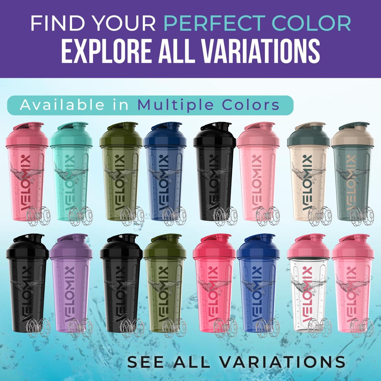 VELOMIX -2 Pack- 28 oz Protein Shaker Bottles for Protein Mixes - 2x Wire Whisk | Leak Proof Shaker Cups for Protein Shakes