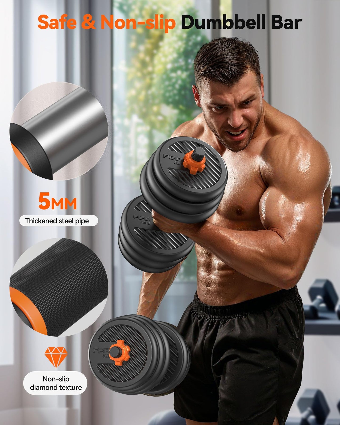 FEIERDUN Adjustable Dumbbells, 45lbs Free Weight Set with Connector, 4 in1 Dumbbells Set Used as Barbell, Kettlebells, Push up Stand