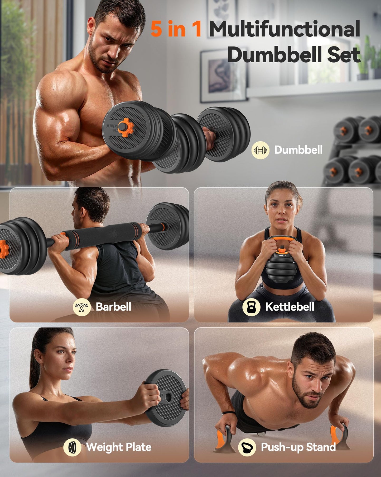 FEIERDUN Adjustable Dumbbells, 45lbs Free Weight Set with Connector, 4 in1 Dumbbells Set Used as Barbell, Kettlebells, Push up Stand
