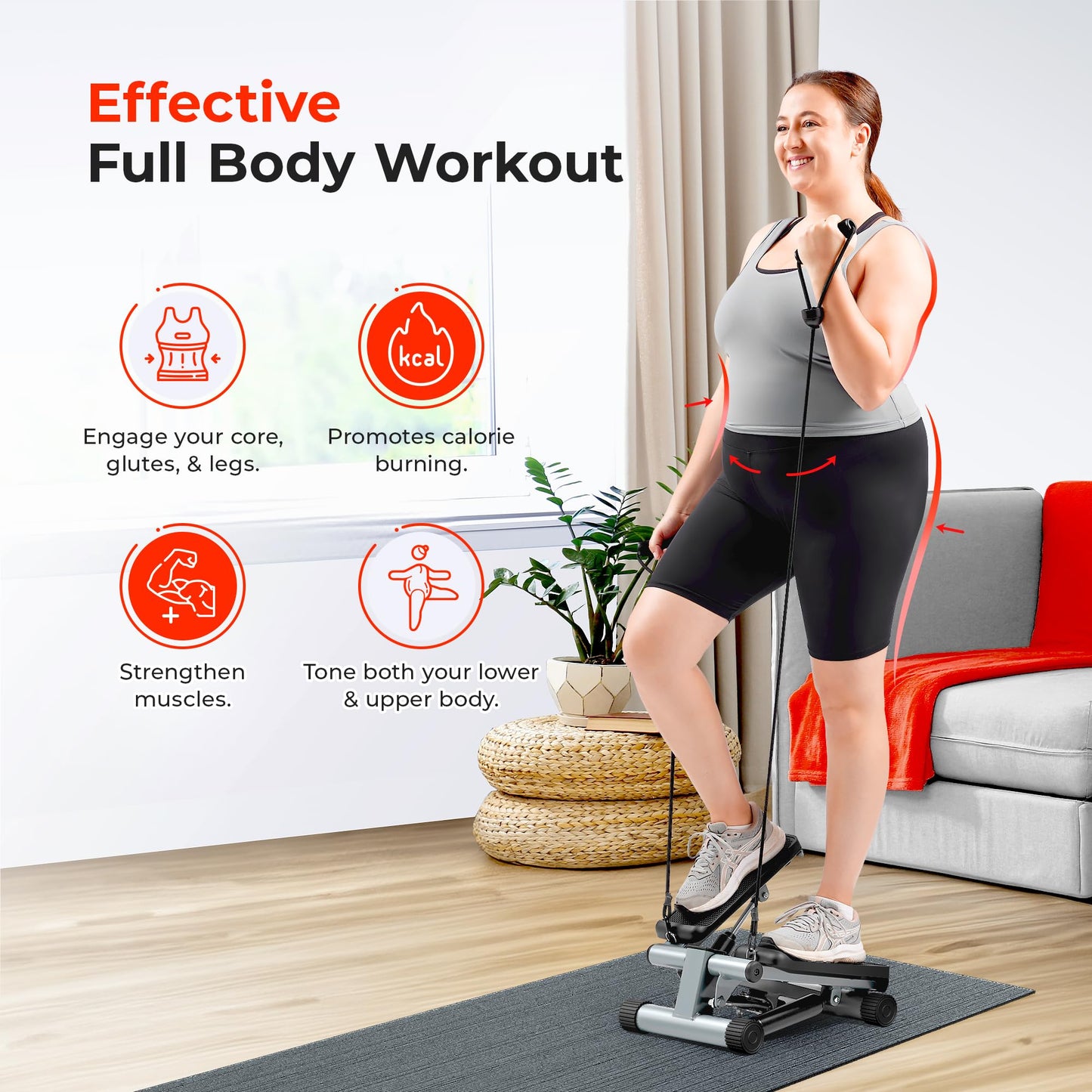 Sunny Health & Fitness Mini Steppers for Exercise at Home, Stair Step Workout Machine with Resistance Bands