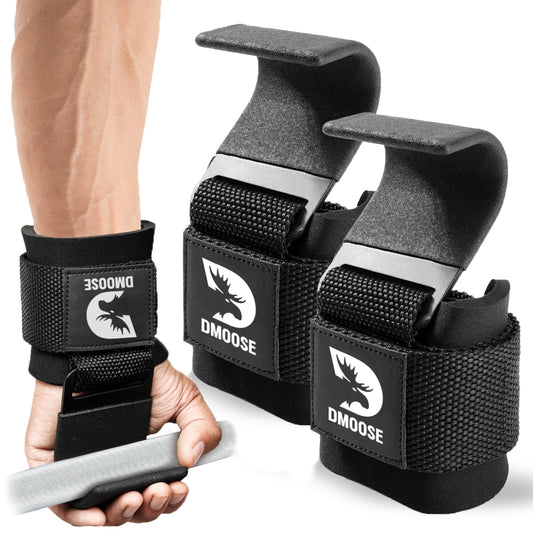 DMoose Fitness Weight Lifting Hooks (Pair) for Deadlifts, Pull Ups, Rows & Shrugs - Anti-Rip Nylon Strap Hand Grips with Thick Wrist Padding