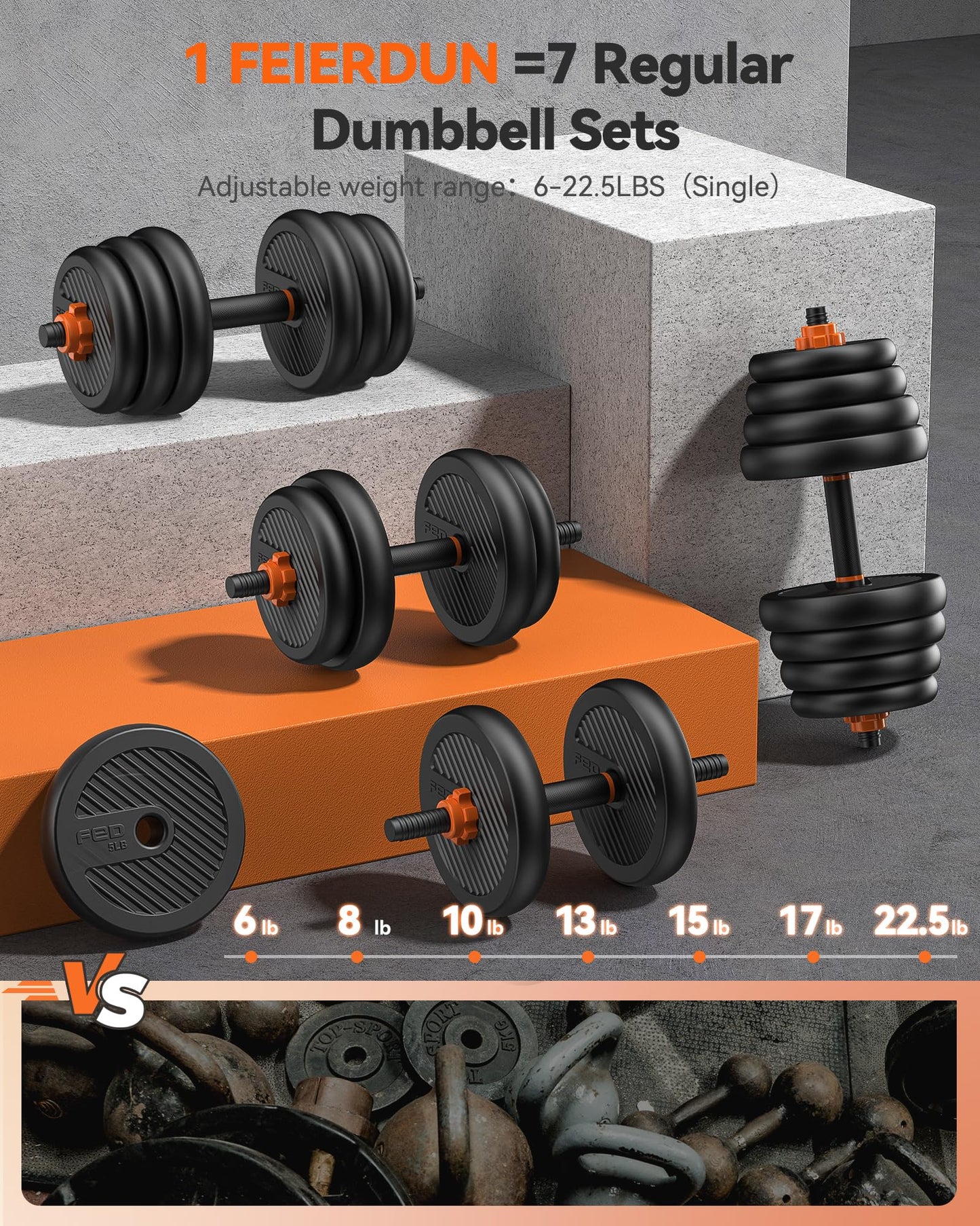 FEIERDUN Adjustable Dumbbells, 45lbs Free Weight Set with Connector, 4 in1 Dumbbells Set Used as Barbell, Kettlebells, Push up Stand
